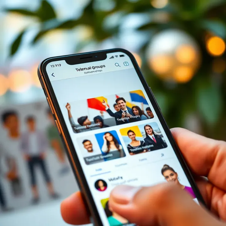 Colorful Telegram app interface showing various community groups on a smartphone screen