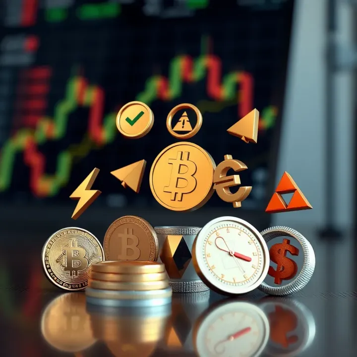 Illustration of various financial assets icons representing stocks, cryptocurrencies, and forex