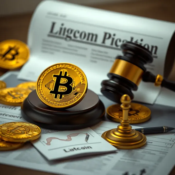 Conceptual representation of legal documents and digital currency symbols emphasizing investment risks