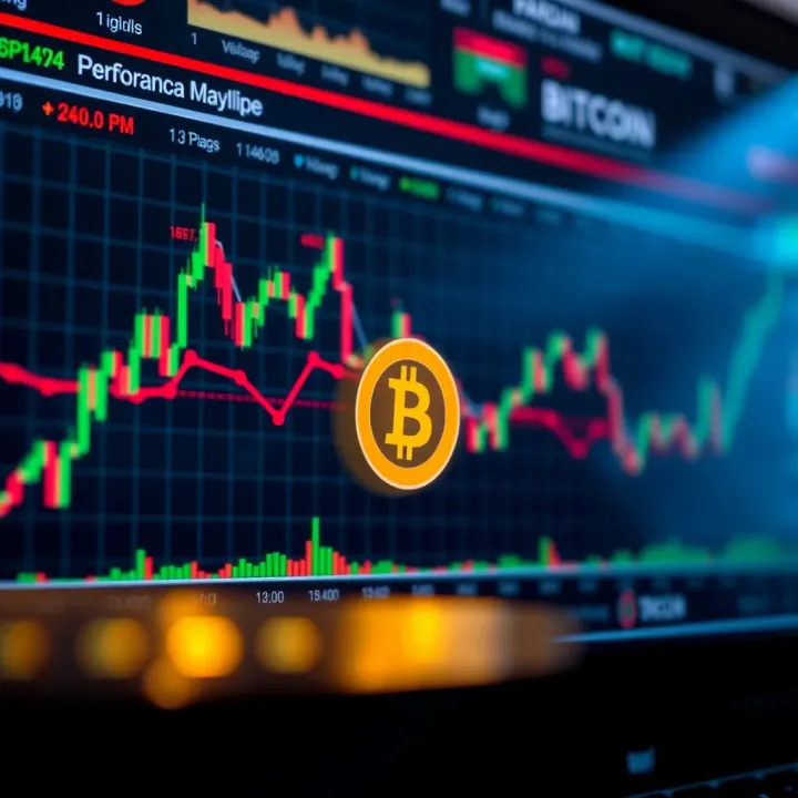 Graph showing fluctuating cryptocurrency market trends with Bitcoin icon overlay