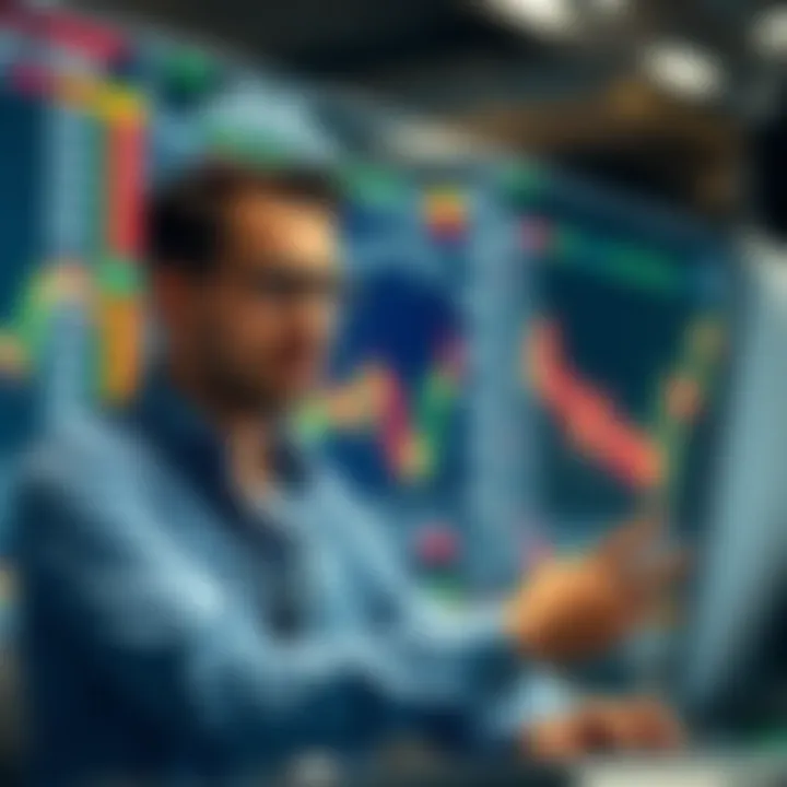 Illustration of a trading broker explaining market access on a digital platform with financial charts