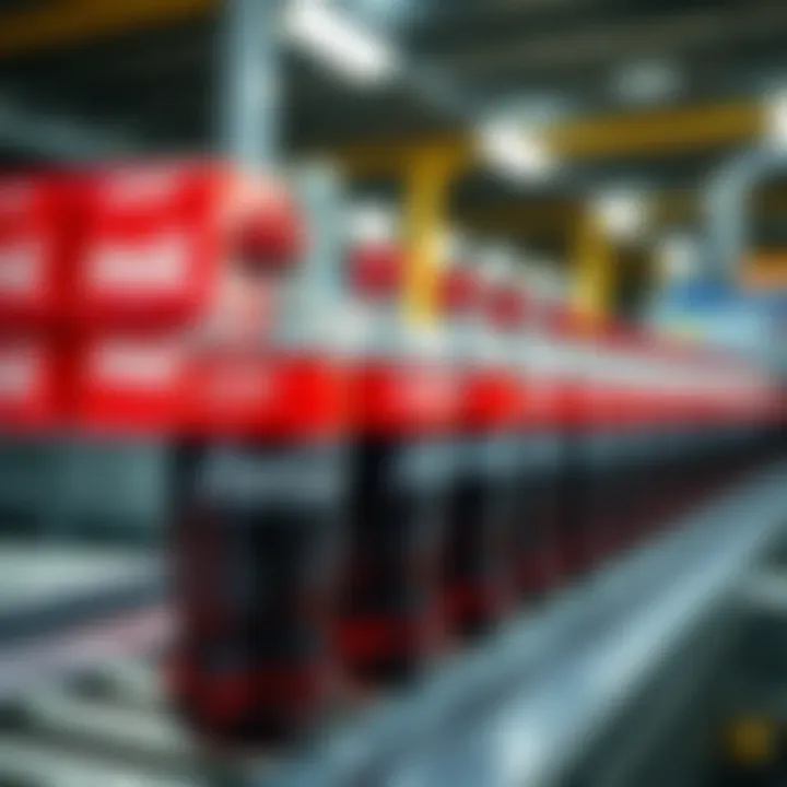 Bottles of Coca-Cola on a conveyor belt representing efficient production and global distribution strategies