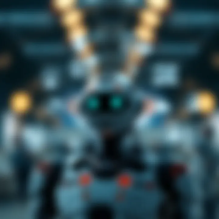 Conceptual visualization showing diverse applications of automatic bots across industries with icons representing communication, data analysis, and cybersecurity