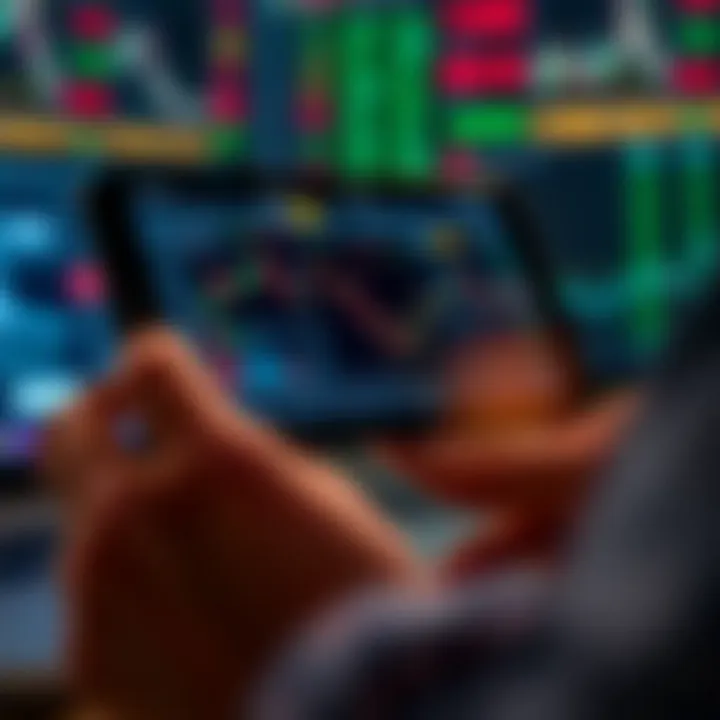 Mobile device displaying a financial trading application with various stock charts and real-time market data