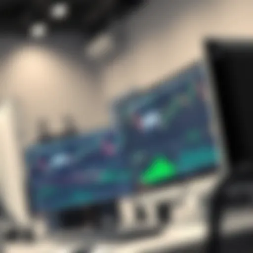 Professional trading setup showing multiple monitors arranged for efficient workflow
