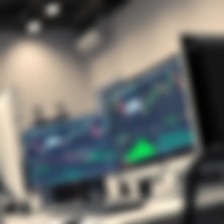 Professional trading setup showing multiple monitors arranged for efficient workflow
