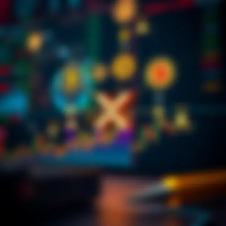 Illustration of digital currency symbols connected with data analytics and market indicators