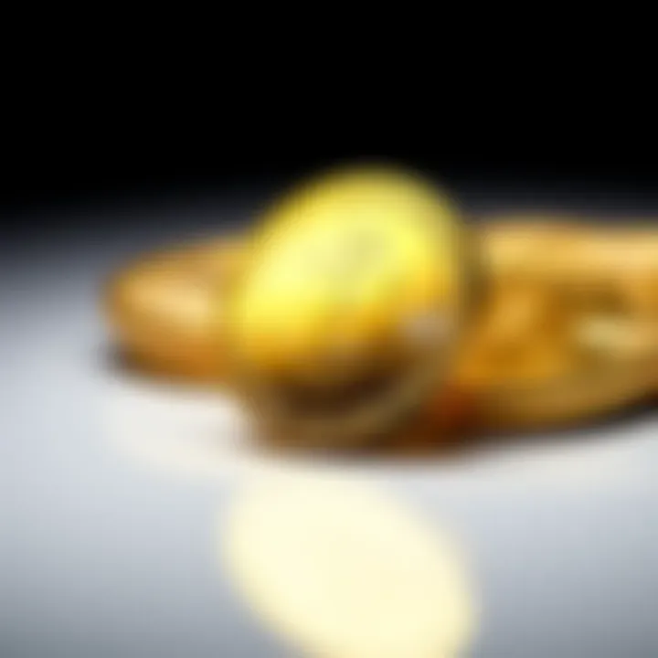 Close-up of a shiny gold ounce coin resting on a reflective surface