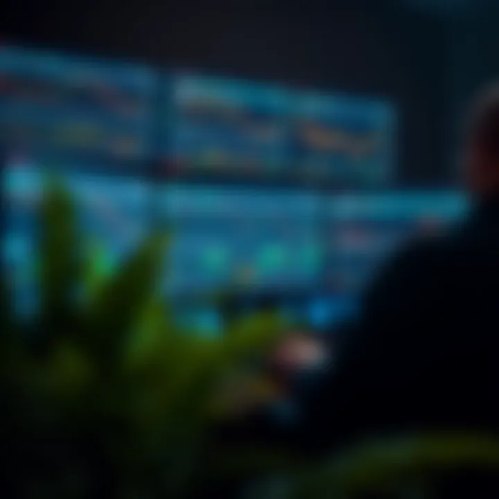 Modern desktop computer setup with multiple monitors displaying financial charts and market data for trading