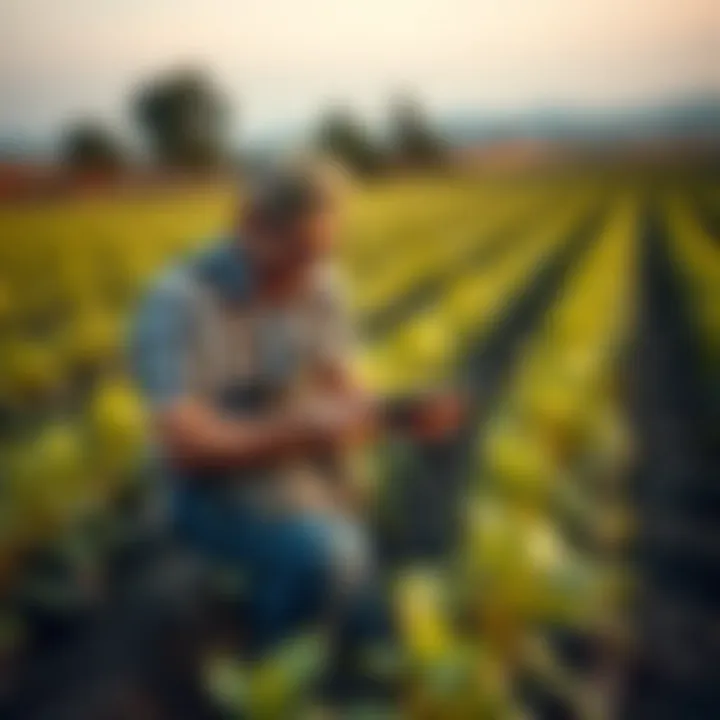 Illustration of a gardener using a lot size calculator tool in a crop field