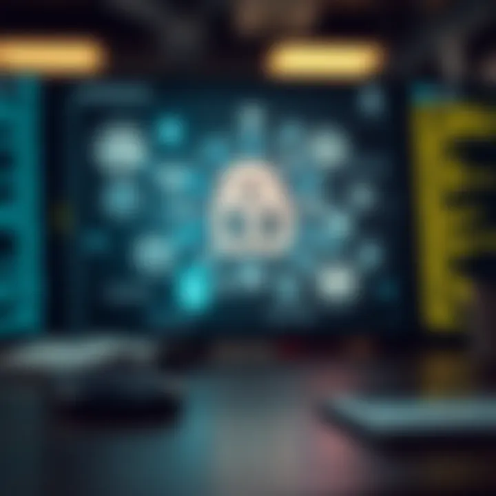 Illustration of legal and technical challenges in domain trading with icons symbolizing contracts and technology