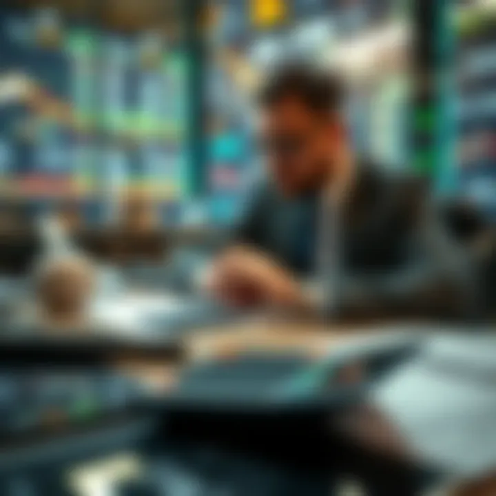 Illustration of a trader analyzing market data with a trading calculator on desk