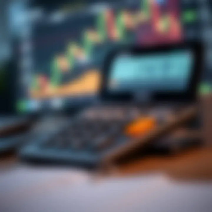 Digital trading calculator displaying financial figures and graphs on screen