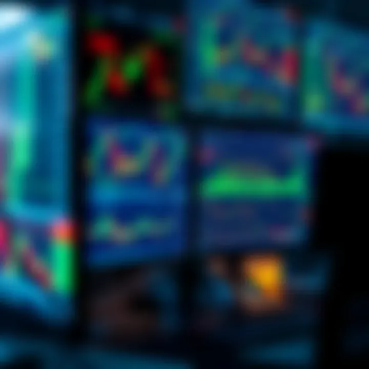 Multiple computer monitors displaying stock trading charts and financial data on a desk setup