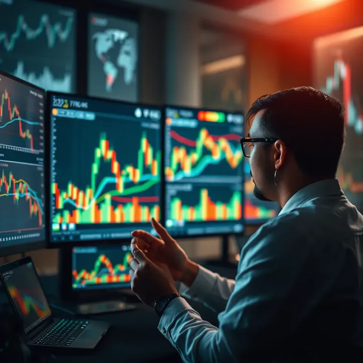 Abstract representation of artificial intelligence analyzing trading charts on multiple screens