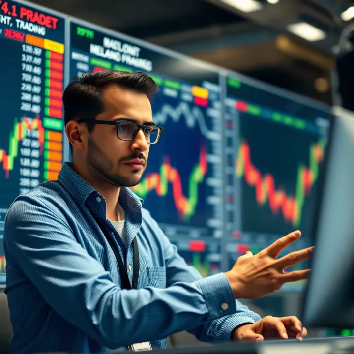Illustration of a trading broker explaining market access on a digital platform with financial charts