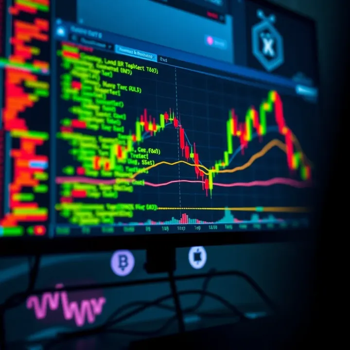 Coding interface displaying programming of a trading bot strategy with technical indicators