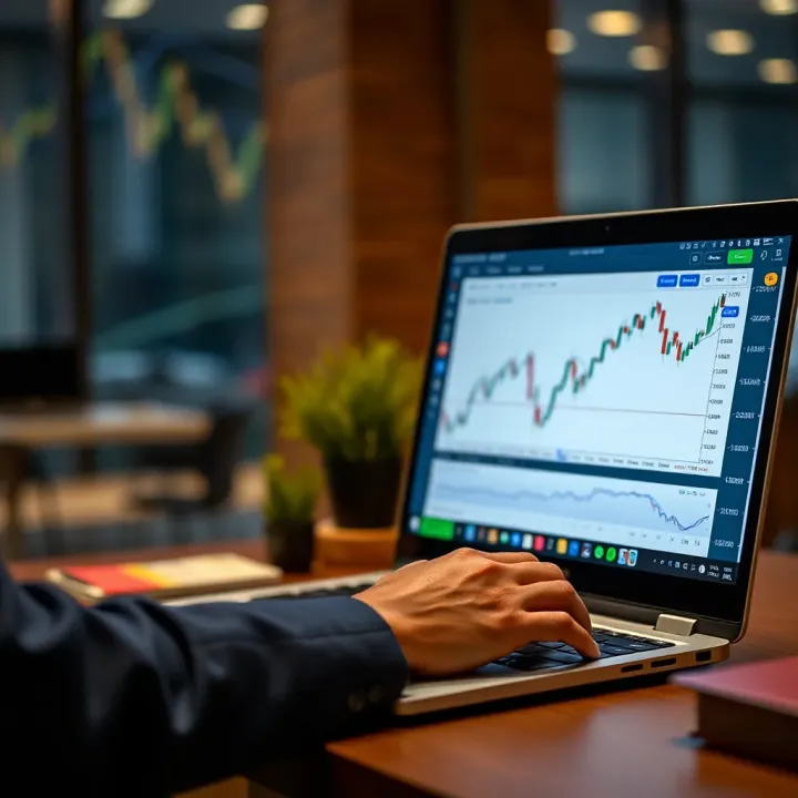 Efficient Online Trading with MetaTrader Web in Colombia Illustration of a Colombian trader using MetaTrader Web on a laptop with a financial graph on screen