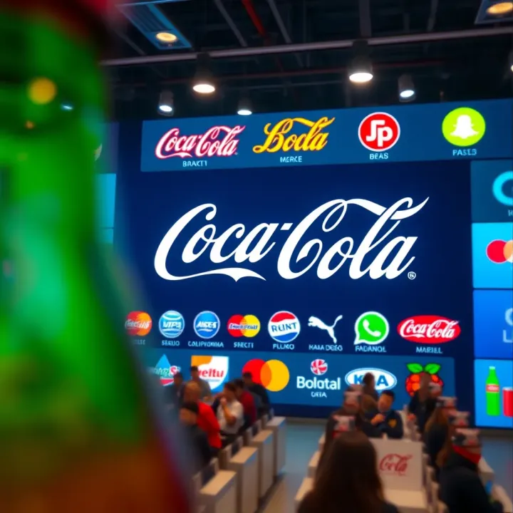 Various beverage brand logos displayed on a digital screen representing global market competition