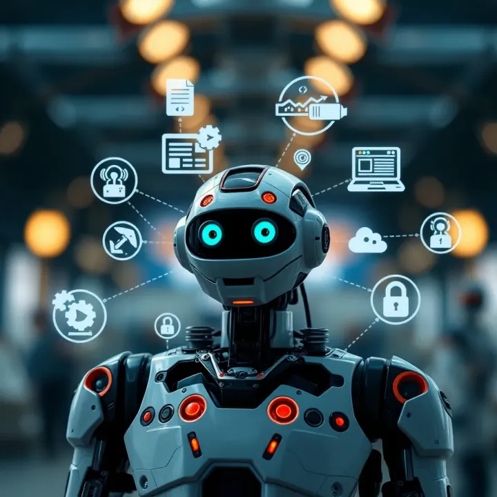Conceptual visualization showing diverse applications of automatic bots across industries with icons representing communication, data analysis, and cybersecurity
