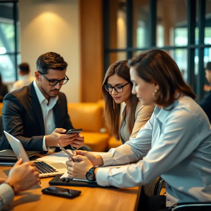 Business professionals engaging in a fast-paced meeting with digital devices