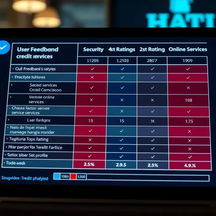 Comparison chart illustrating user ratings and security measures of various online credit services