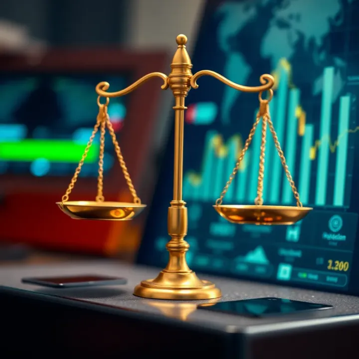 Graphic showing legal balance scales alongside technology and industry icons related to deriv.com in Colombia
