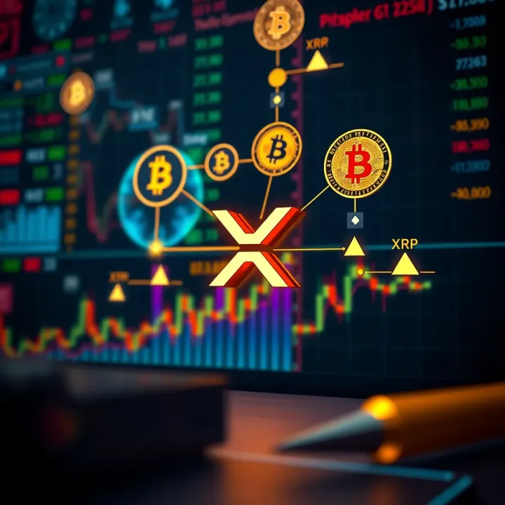 Analyzing Market and Fundamental Factors Affecting XRP Value Illustration of digital currency symbols connected with data analytics and market indicators