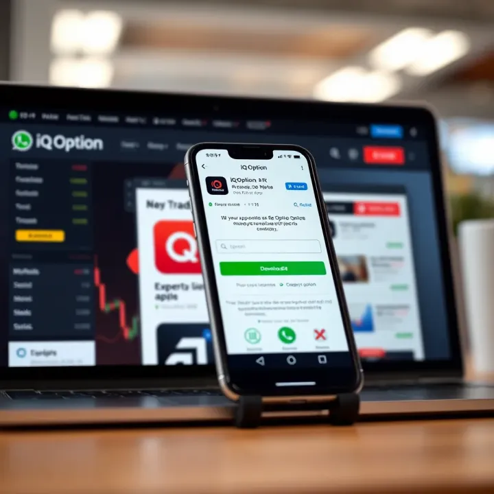 Mobile phone screen displaying IQ Option app download page on a digital store