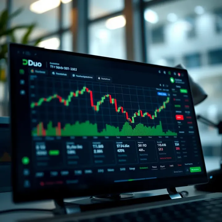 Dashboard showing Duo Markets trading platform with charts and asset options