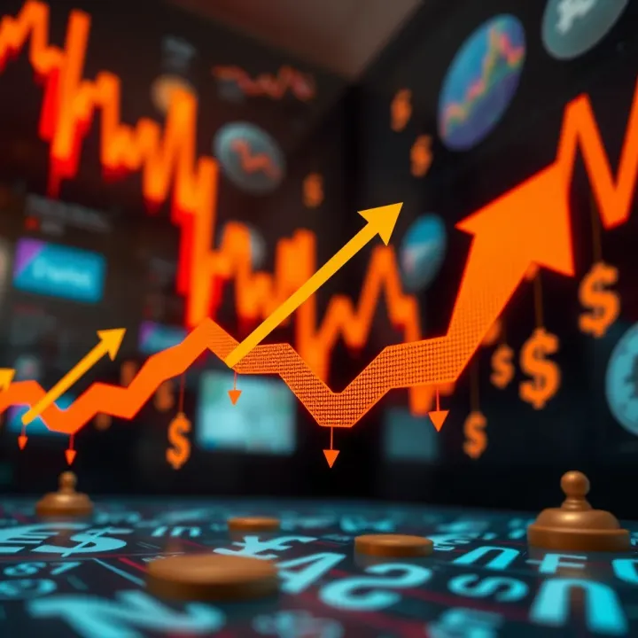 Economic Impact of Market Boom and Crash Explained Illustration of economic impact with fluctuating arrows and global currency symbols