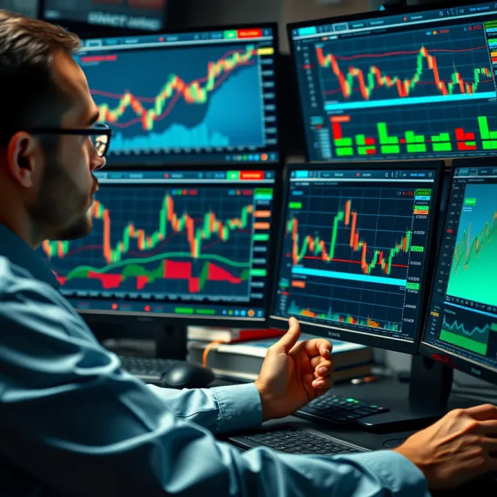 Illustration of a trader analyzing multiple screens with stock charts and trading data