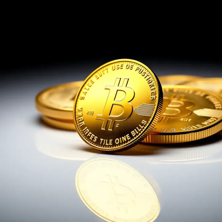 Close-up of a shiny gold ounce coin resting on a reflective surface