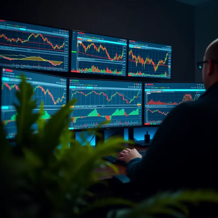 Modern desktop computer setup with multiple monitors displaying financial charts and market data for trading