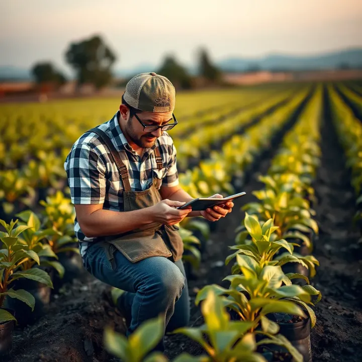 Illustration of a gardener using a lot size calculator tool in a crop field