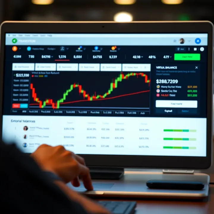 Trading platform interface displaying demo account features and virtual balance for practice