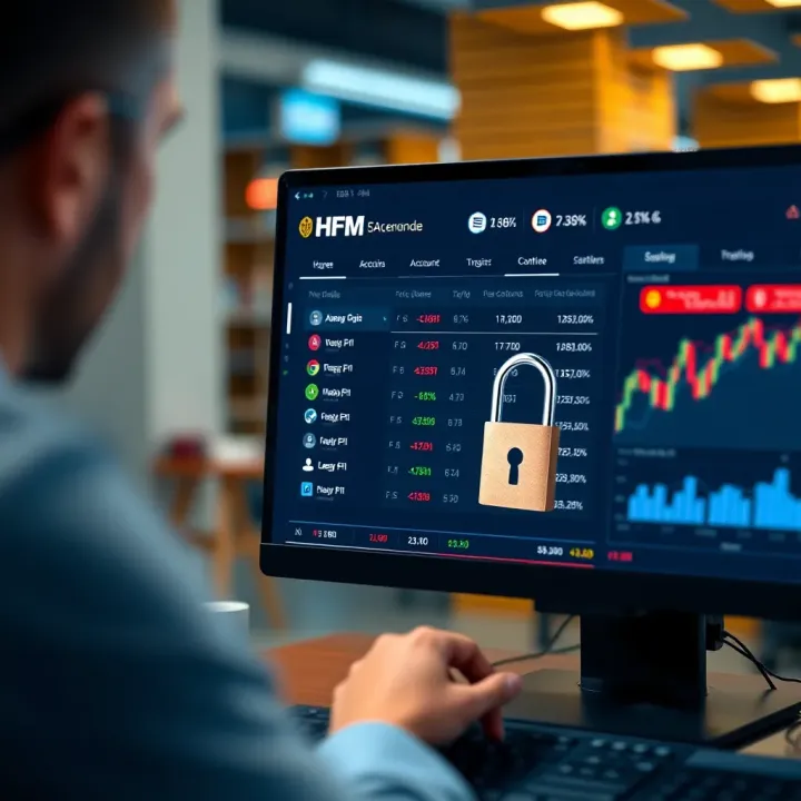 HFM Broker Trading Platform and Security Highlights Secure online trading platform interface showing account options and security features
