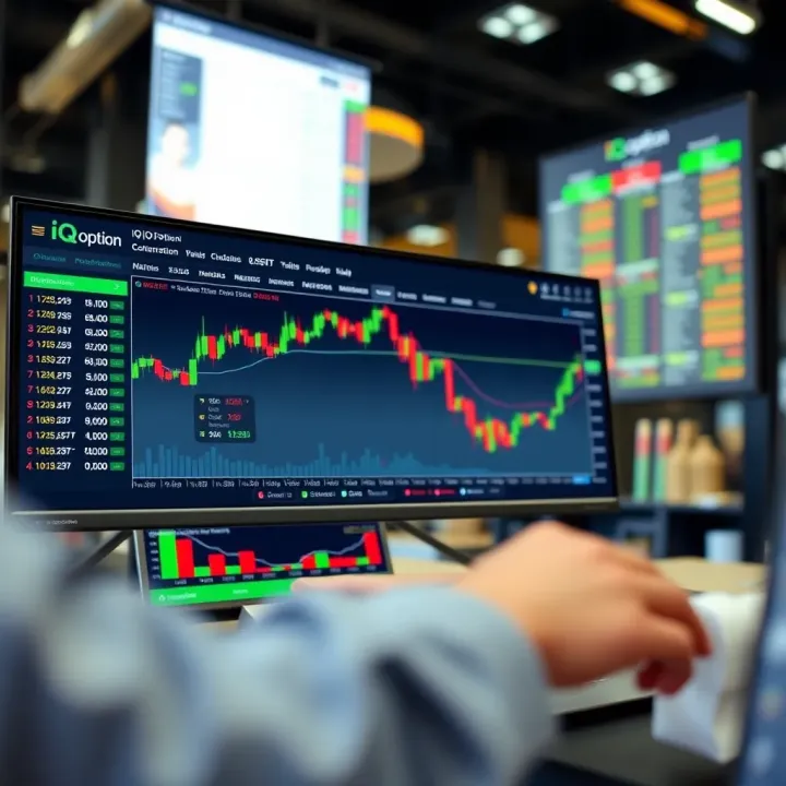 User interface of IQ Option platform showing various financial trading options and market charts