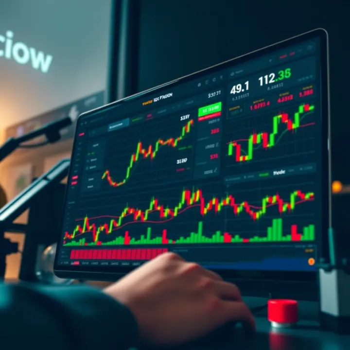 Illustration showing an IQ Option trading platform dashboard with various financial instruments and charts