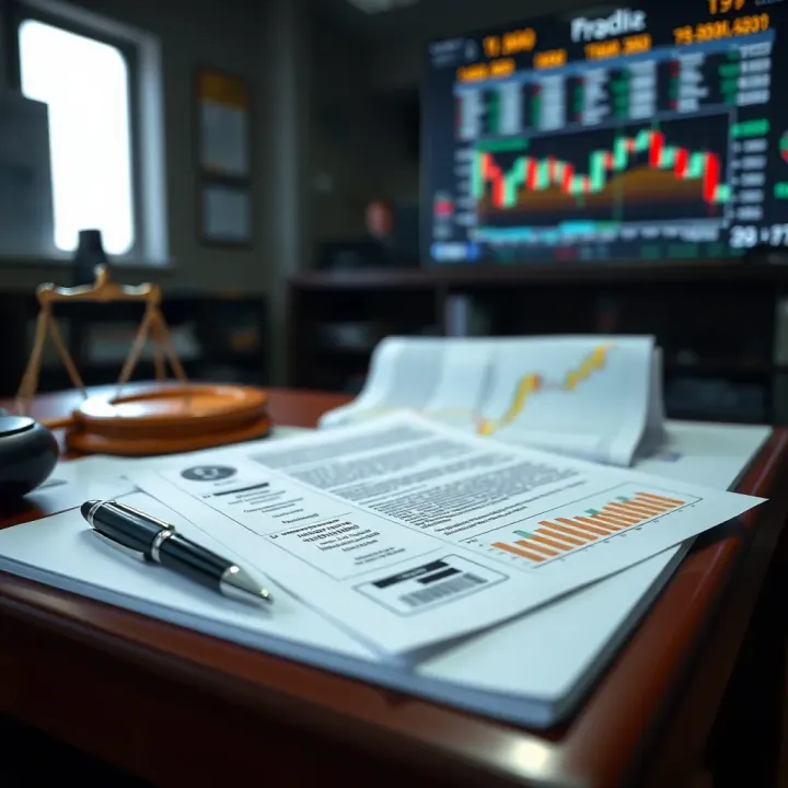 Visual representation of legal documents and digital financial regulations for online trading platforms