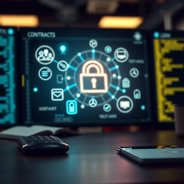 Legal and Technical Challenges in Domain Trading Illustration of legal and technical challenges in domain trading with icons symbolizing contracts and technology