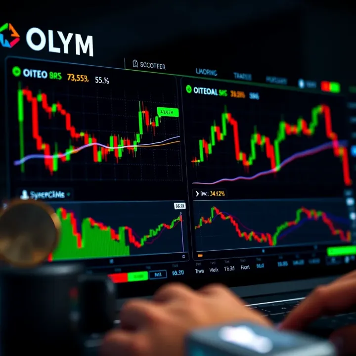 User interface of OLYM Trade platform showing cryptocurrency and binary options trading charts