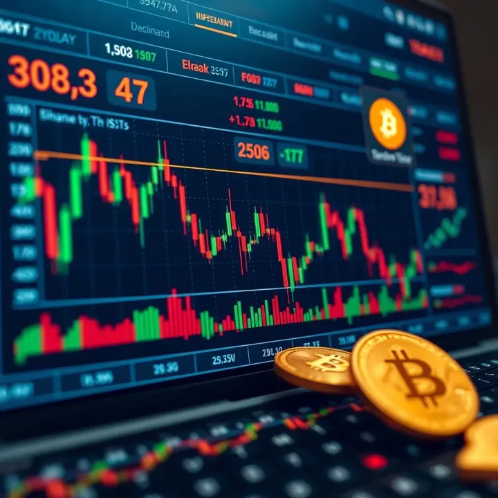 Illustration of a digital interface showing cryptocurrency trading charts and Bitcoin icons