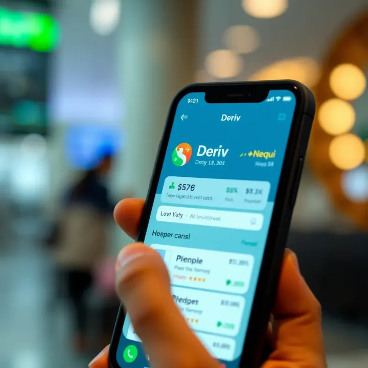 Fast and reliable withdrawal from Deriv to Nequi Mobile phone displaying a financial app interface with currency symbols