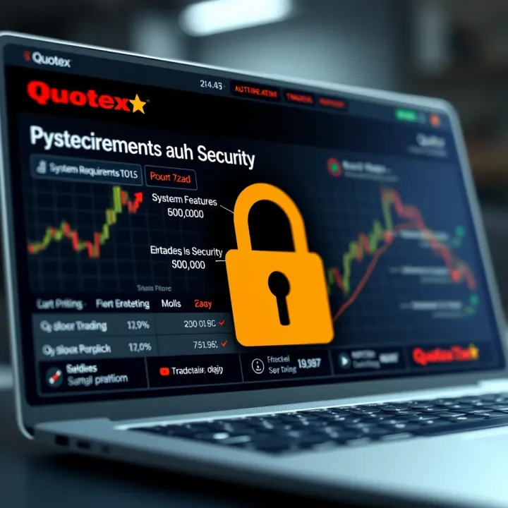 Graphic showing system requirements and security features for Quotex trading software