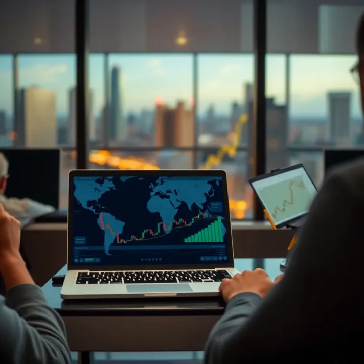 Illustration showing secure trading from Colombia with compliance icons and financial growth indicators