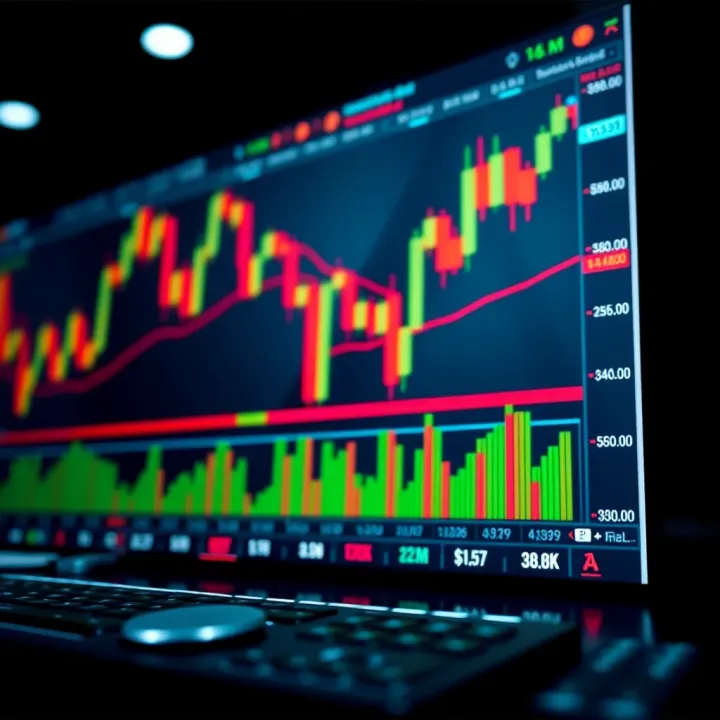 Digital interface showing secure trading platform with candlestick charts and risk indicators