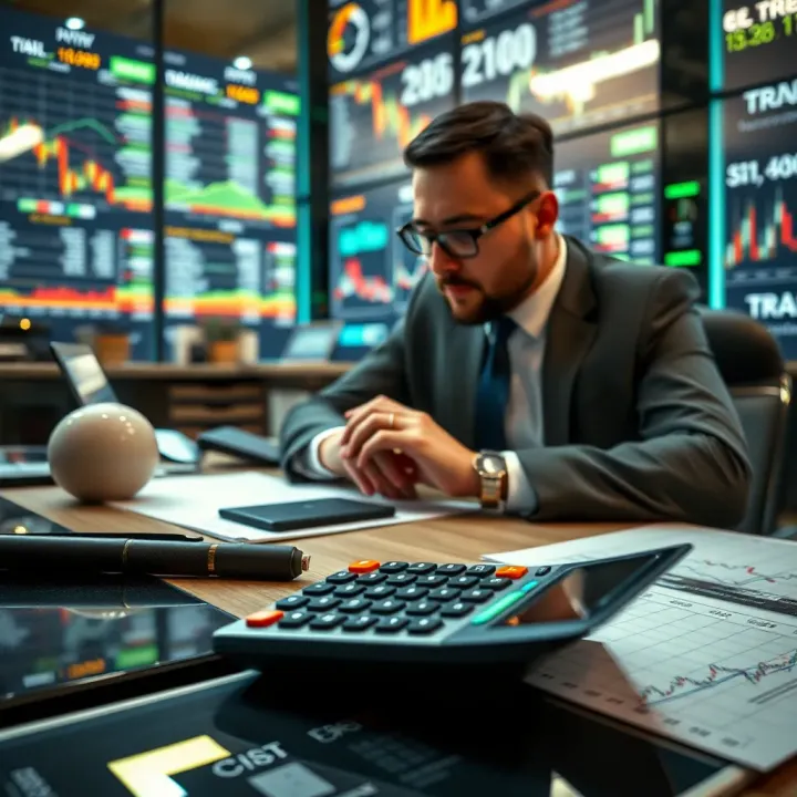 Illustration of a trader analyzing market data with a trading calculator on desk
