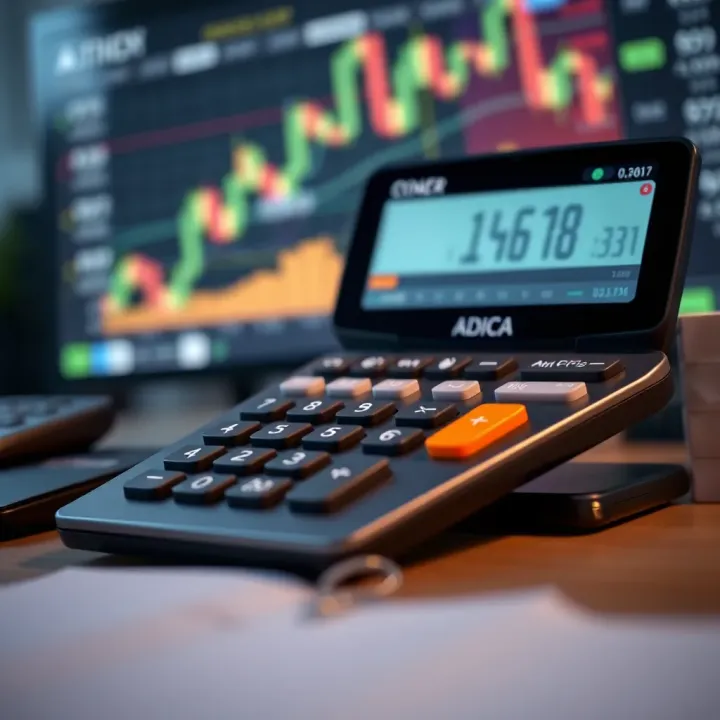 Digital trading calculator displaying financial figures and graphs on screen