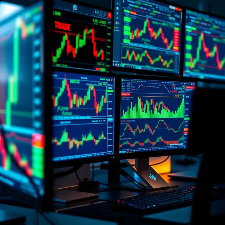 Multiple computer monitors displaying stock trading charts and financial data on a desk setup